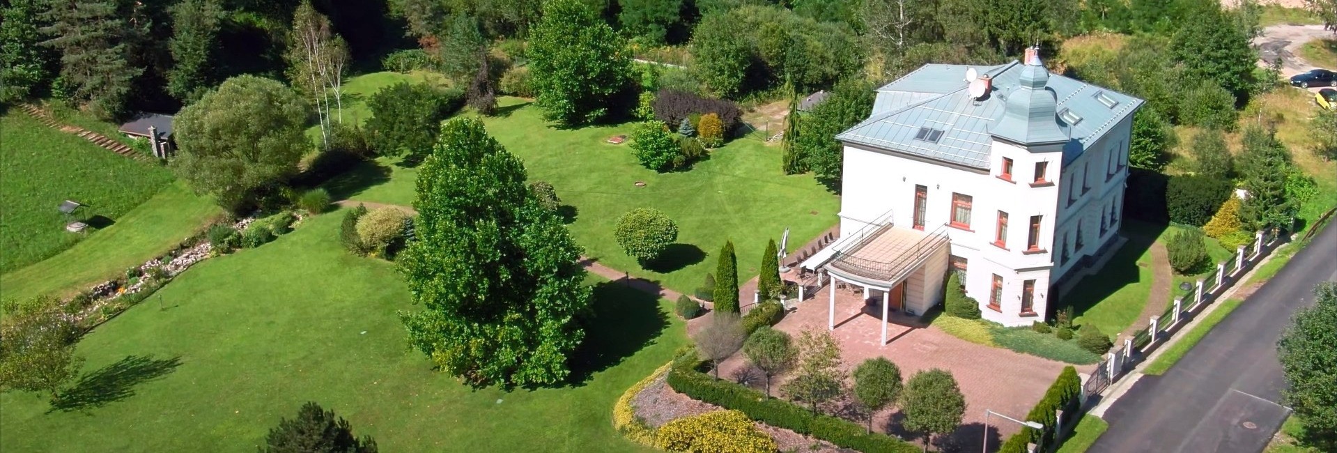 Airshot of Villa Andrassy with its beautiful park in Podbrezova, Slovakia