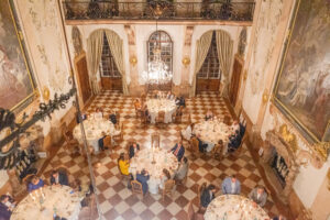 View of the magnificent marble hall in Leopoldskron Palace from the gallery