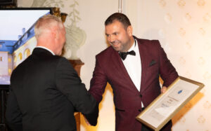 Jan Svoboda granting the winner certificate Heritage & Hospitality 2023 to Chateau Gbel'any