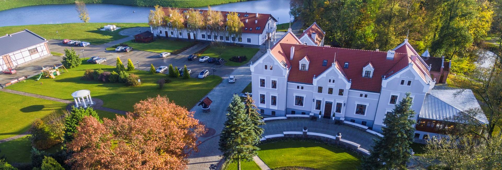 Air view of Mortegi Palace surrounded by its park in Lubawa, Poland