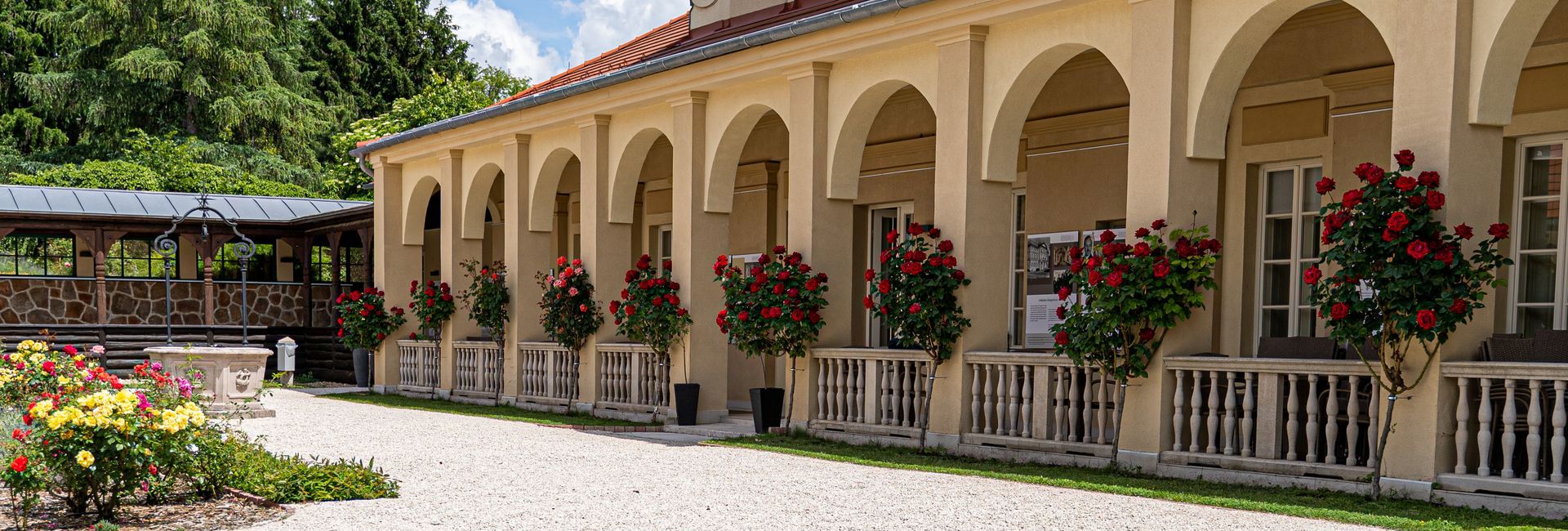 Arcades with flowers at Klebelsberg Castle in Budapest, Hungary
